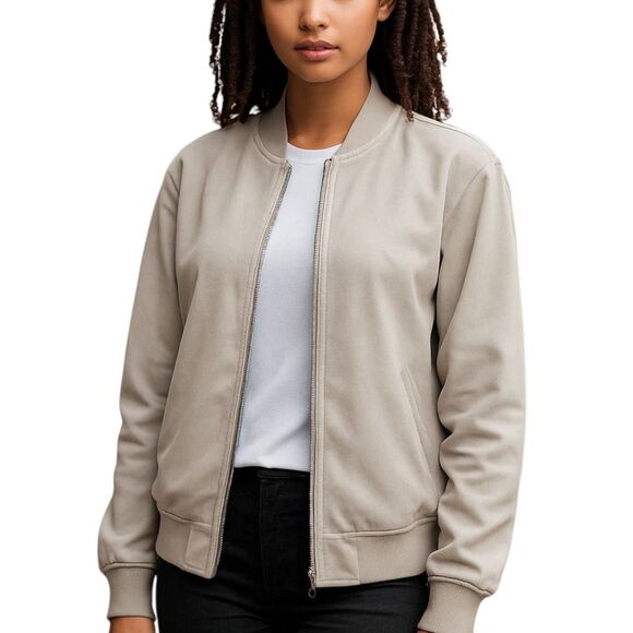 Porter & Ash Medium Faux Suede Bomber Jacket Full Zip Pastel Gray / Off-White - Picture 1 of 16